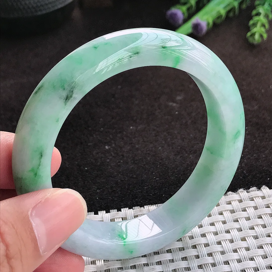 自然光56/13.5/9老坑精美温润飘绿花手镯翡翠玉镯子美人镯手环