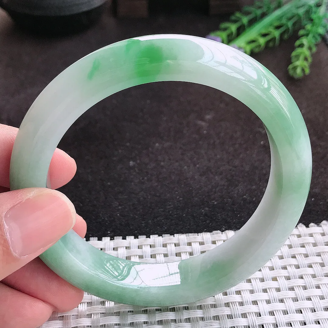 自然光61.5/13.2/9.8老坑冰润水灵飘花大圈口手镯翡翠玉镯子美人镯手环