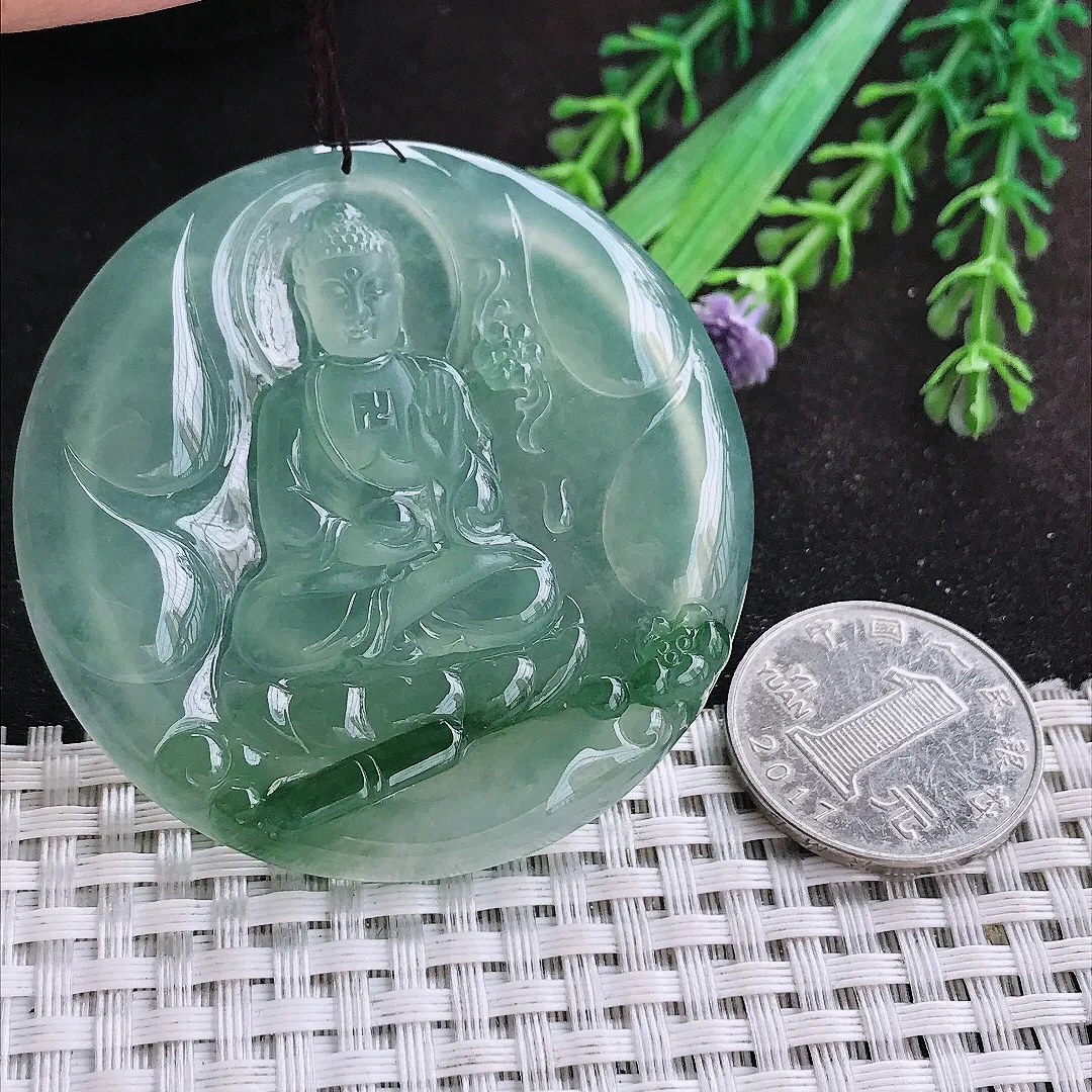 自然光55/6.3老坑冰种果冻胶冰晴飘花阿弥陀佛挂件翡翠玉佛吊坠圆牌佛祖