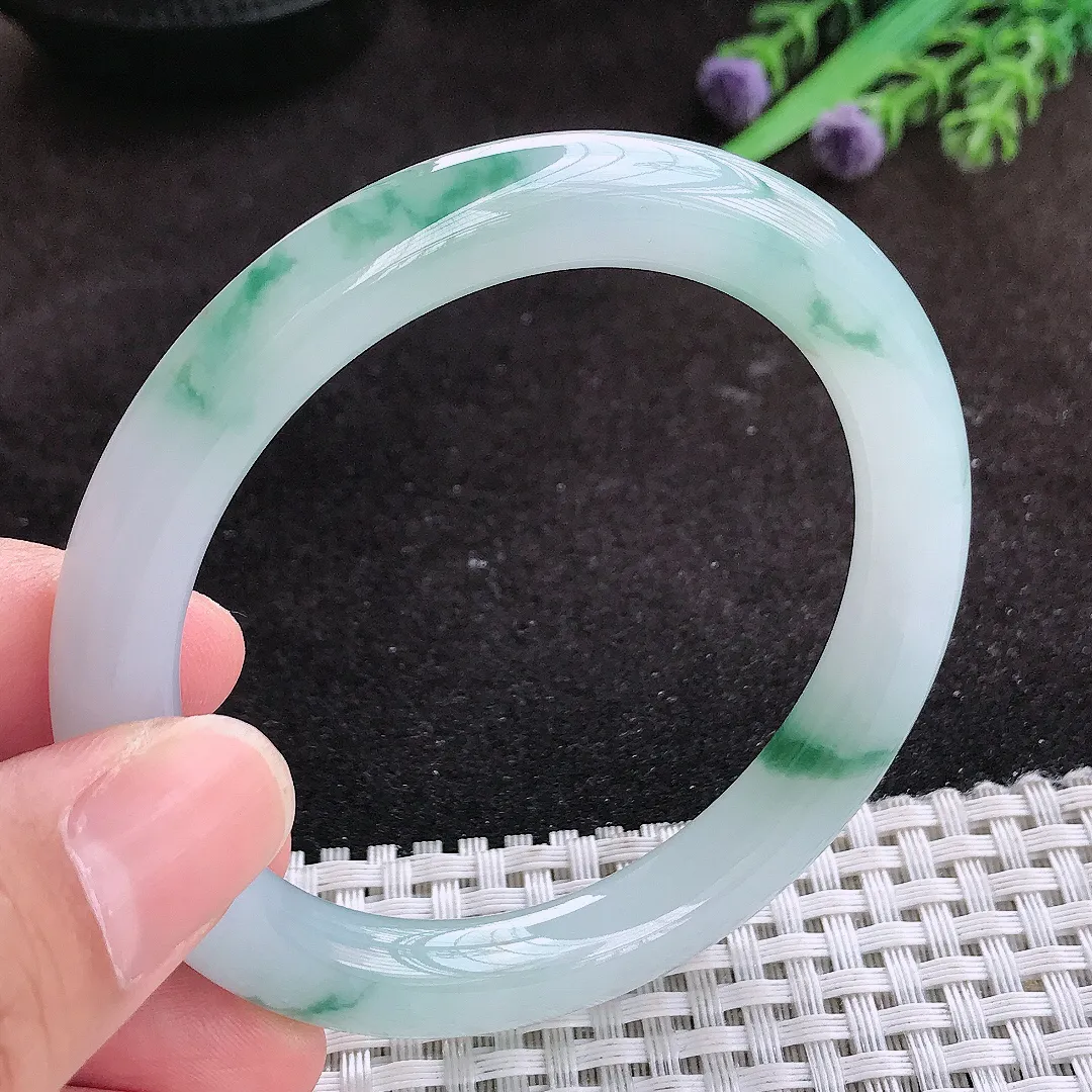 自然光55/8.8/9.2老坑冰胶果冻飘花圆条手镯翡翠玉镯子美人镯手环