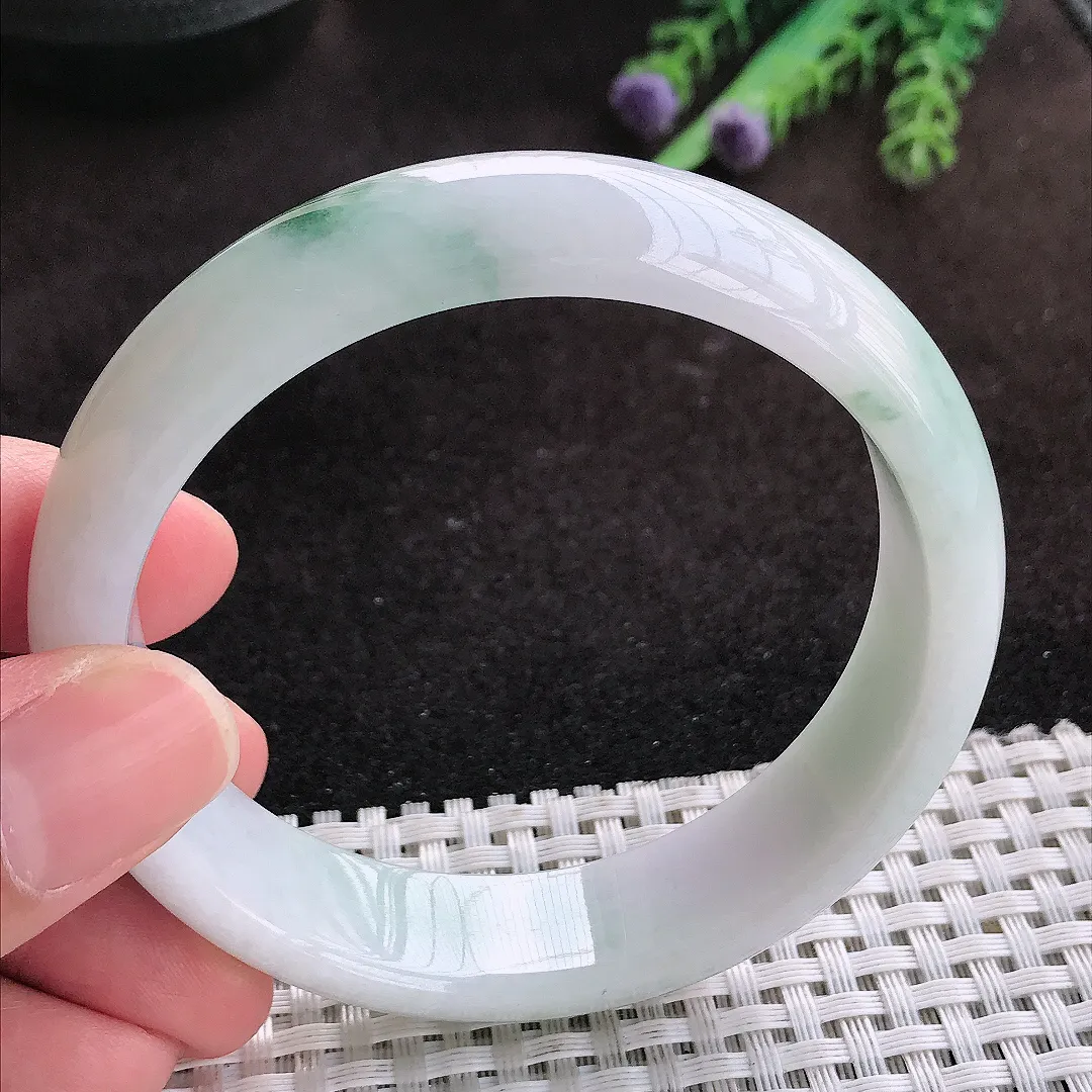 自然光59/14.9/7.6老坑秀气温润飘花宽边手镯翡翠玉镯子美人镯手环