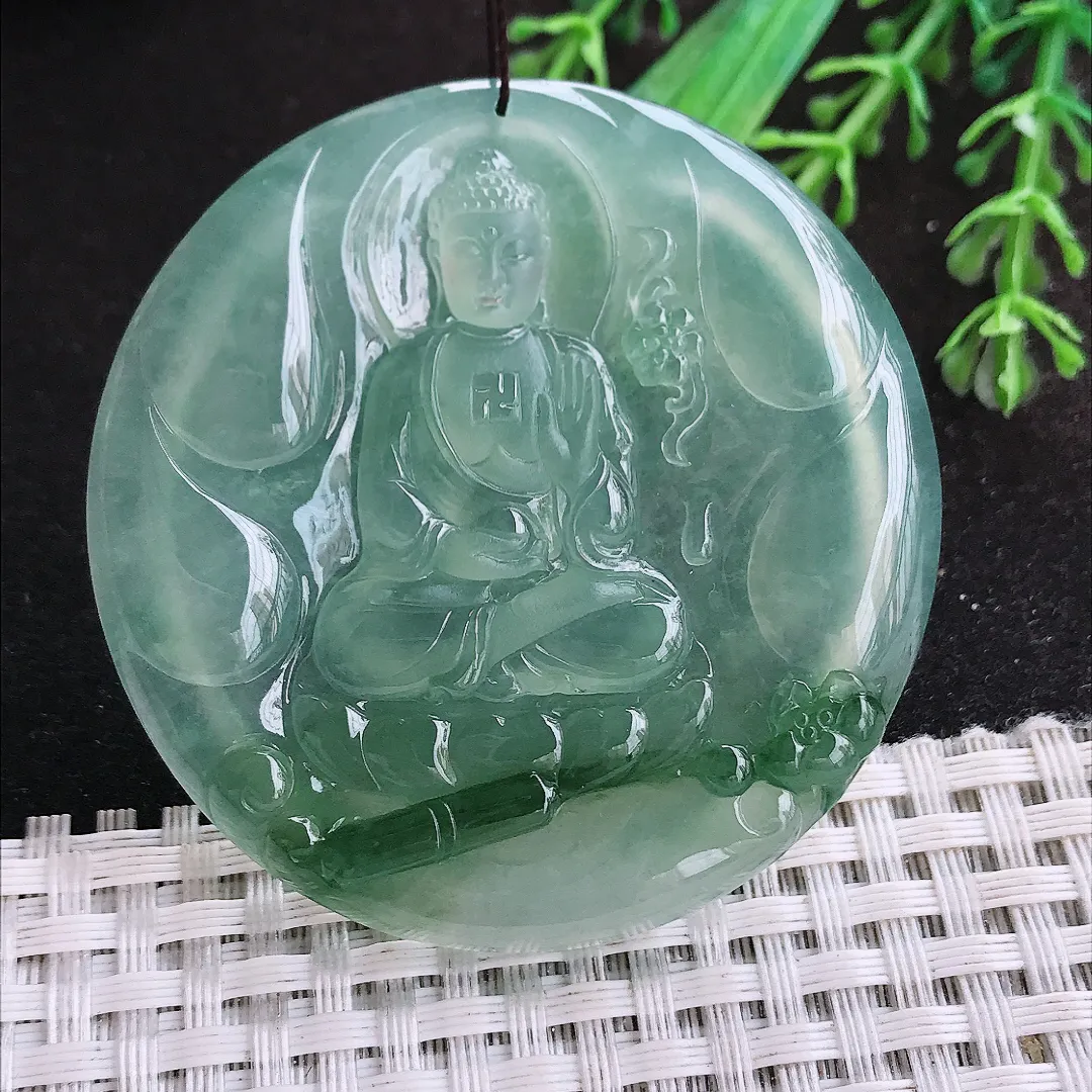 自然光55/6.3老坑冰种果冻胶冰晴飘花阿弥陀佛挂件翡翠玉佛吊坠圆牌佛祖