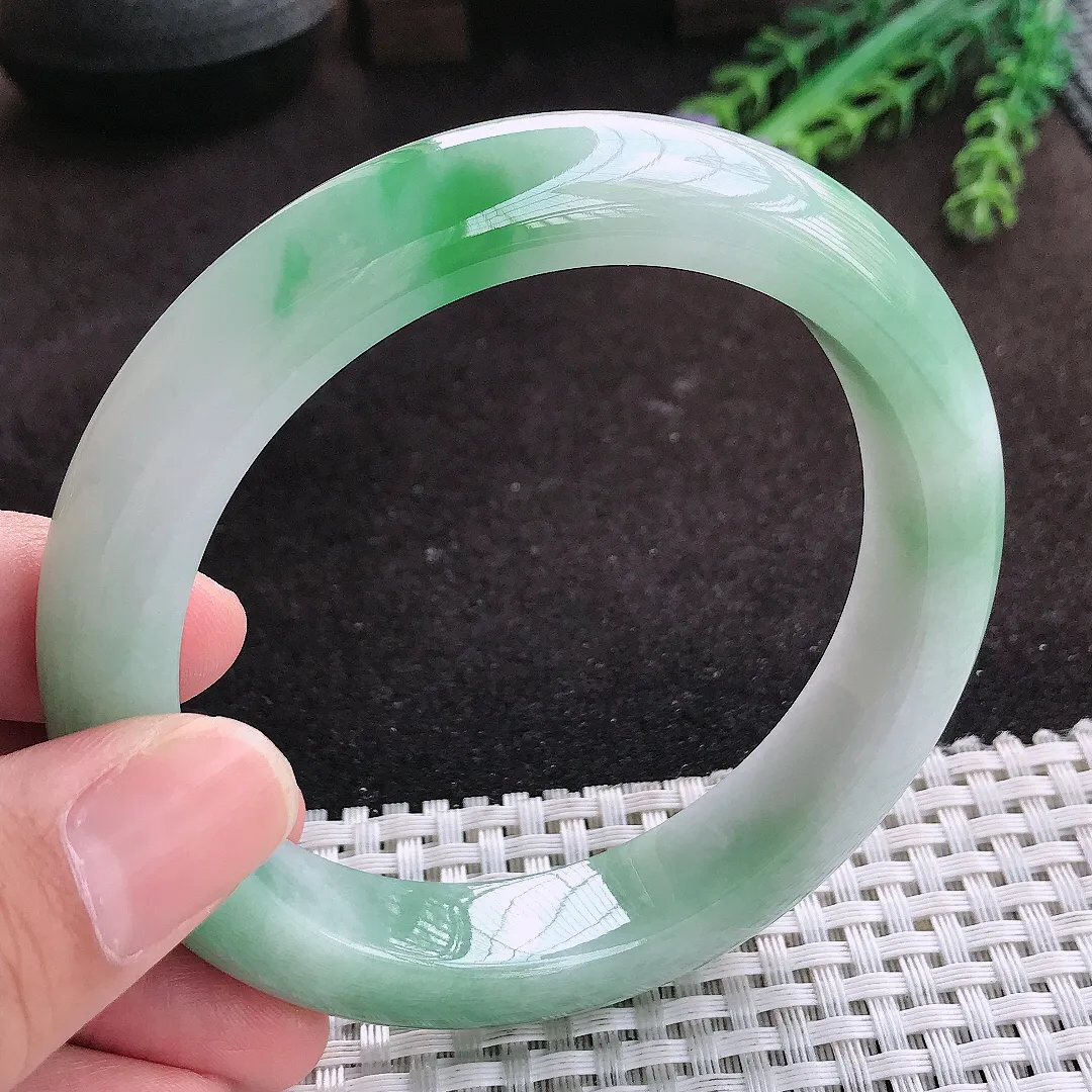 自然光61.5/13.2/9.8老坑冰润水灵飘花大圈口手镯翡翠玉镯子美人镯手环