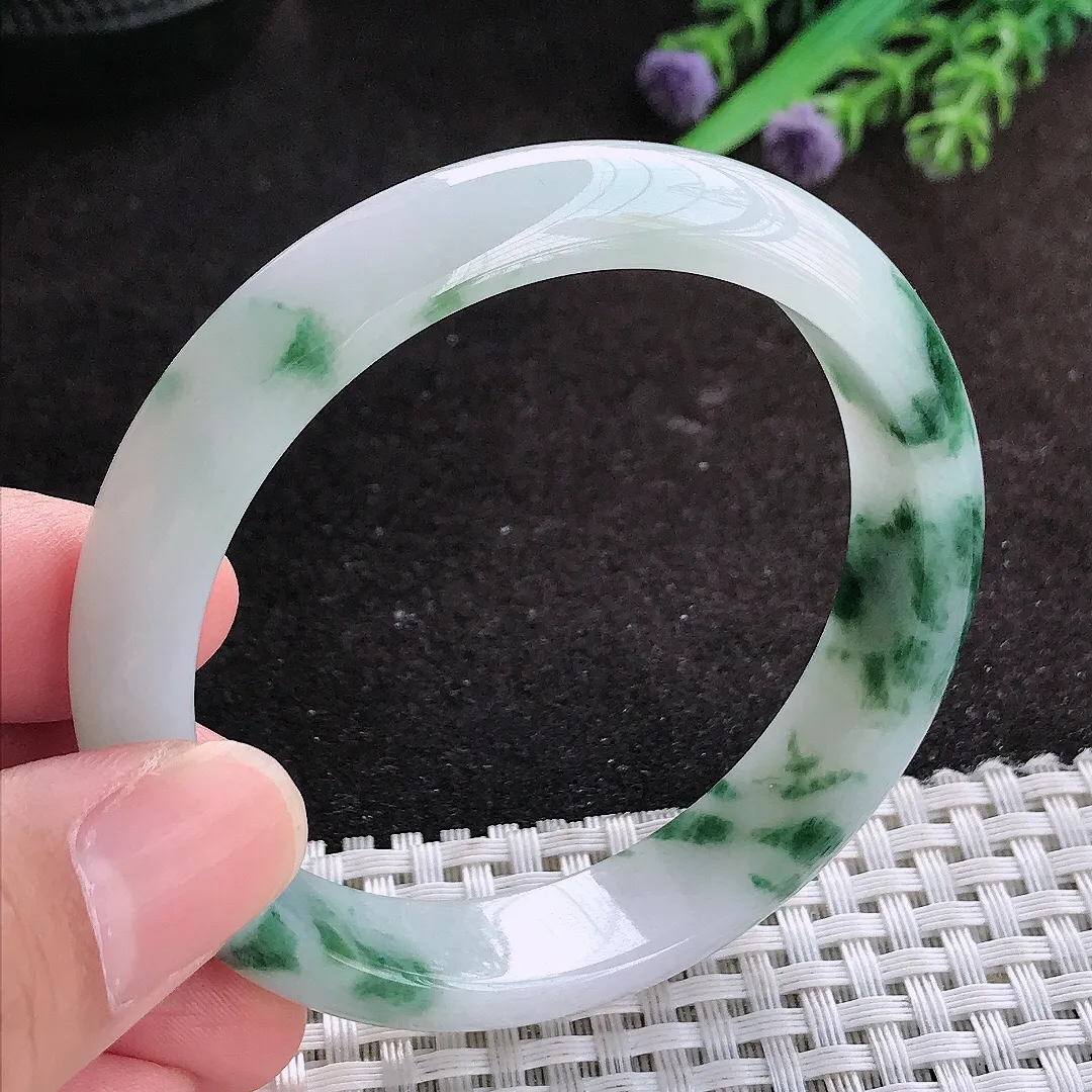 自然光56/12.7/7.2老坑冰润水灵飘花手镯翡翠玉镯子美人镯手环
