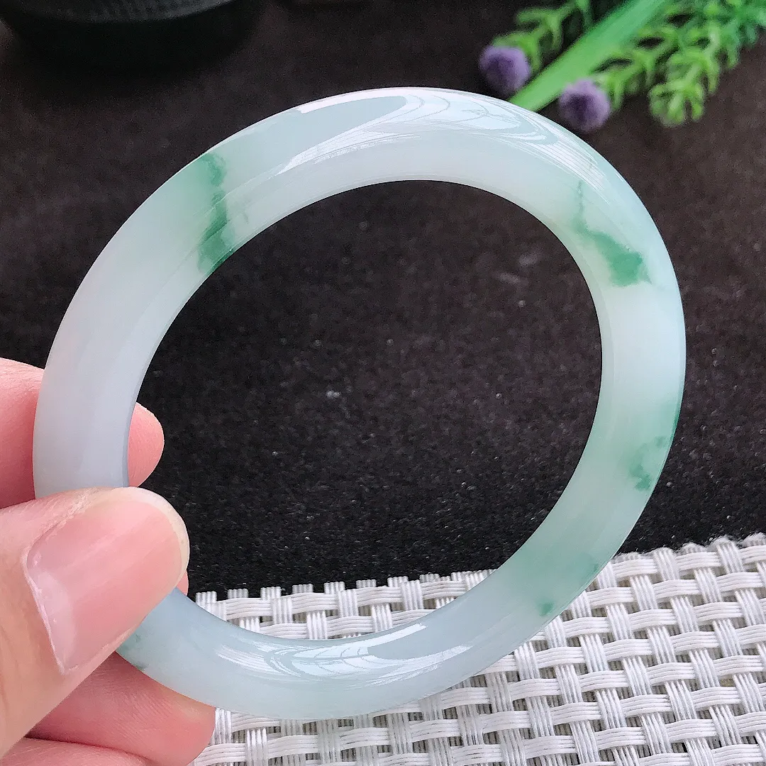 自然光55/8.8/9.2老坑冰胶果冻飘花圆条手镯翡翠玉镯子美人镯手环