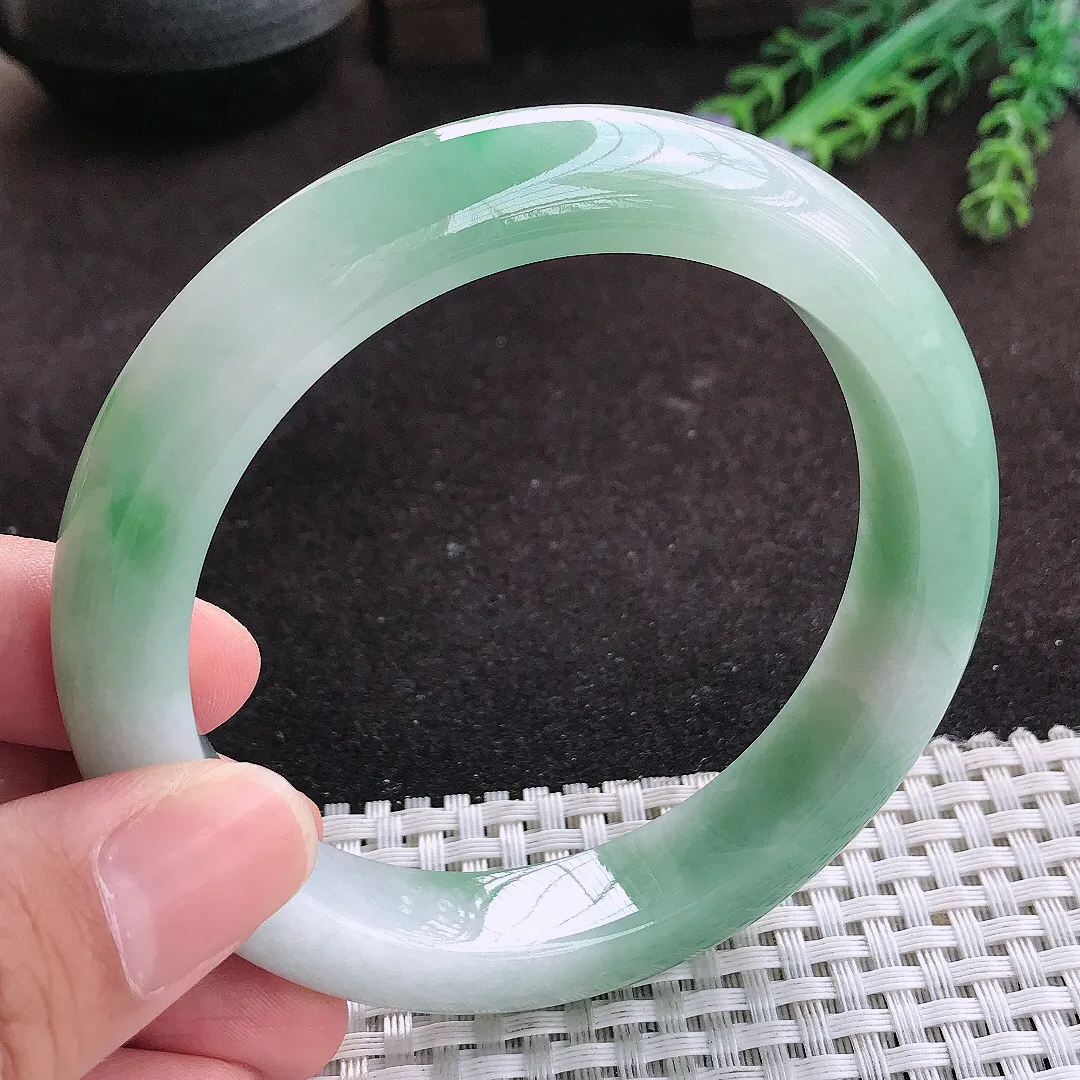 自然光61.5/13.2/9.8老坑冰润水灵飘花大圈口手镯翡翠玉镯子美人镯手环