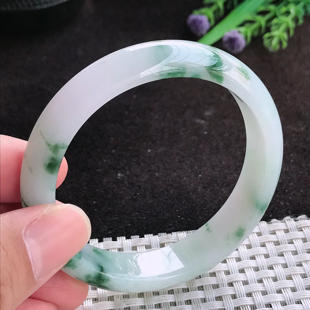 自然光56/12.7/7.2老坑冰润水灵飘花手镯翡翠玉镯子美人镯手环