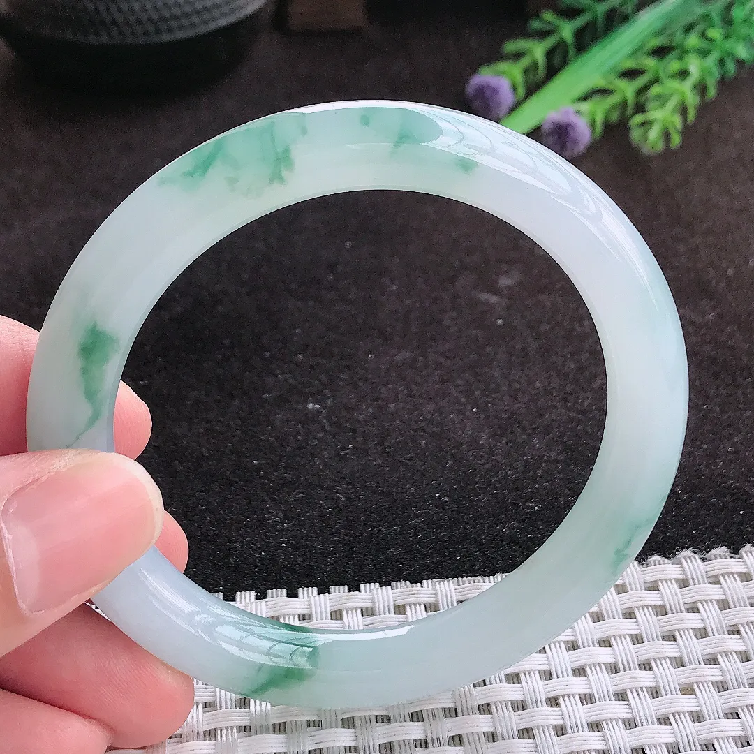自然光55/8.8/9.2老坑冰胶果冻飘花圆条手镯翡翠玉镯子美人镯手环