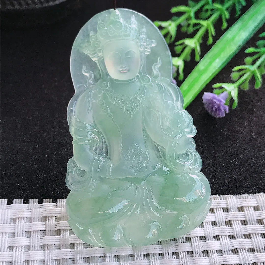 自然光65.8/41.5/5.8老坑冰种果冻紧冰晴满甜绿渡母菩萨挂件翡翠玉吊坠百搭
