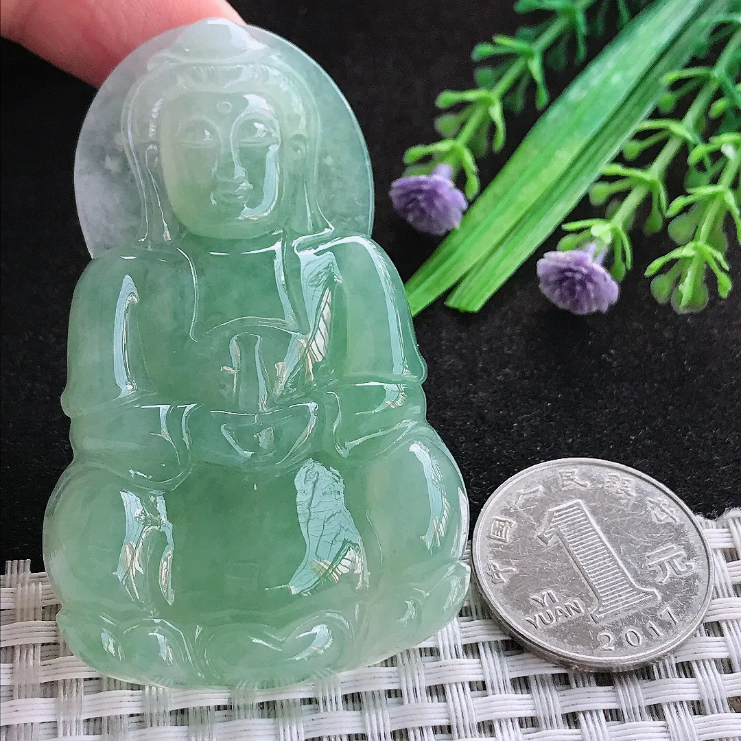 自然光68/42/7.8老坑冰胶水灵冰晴满绿观音菩萨挂件翡翠玉吊坠百搭