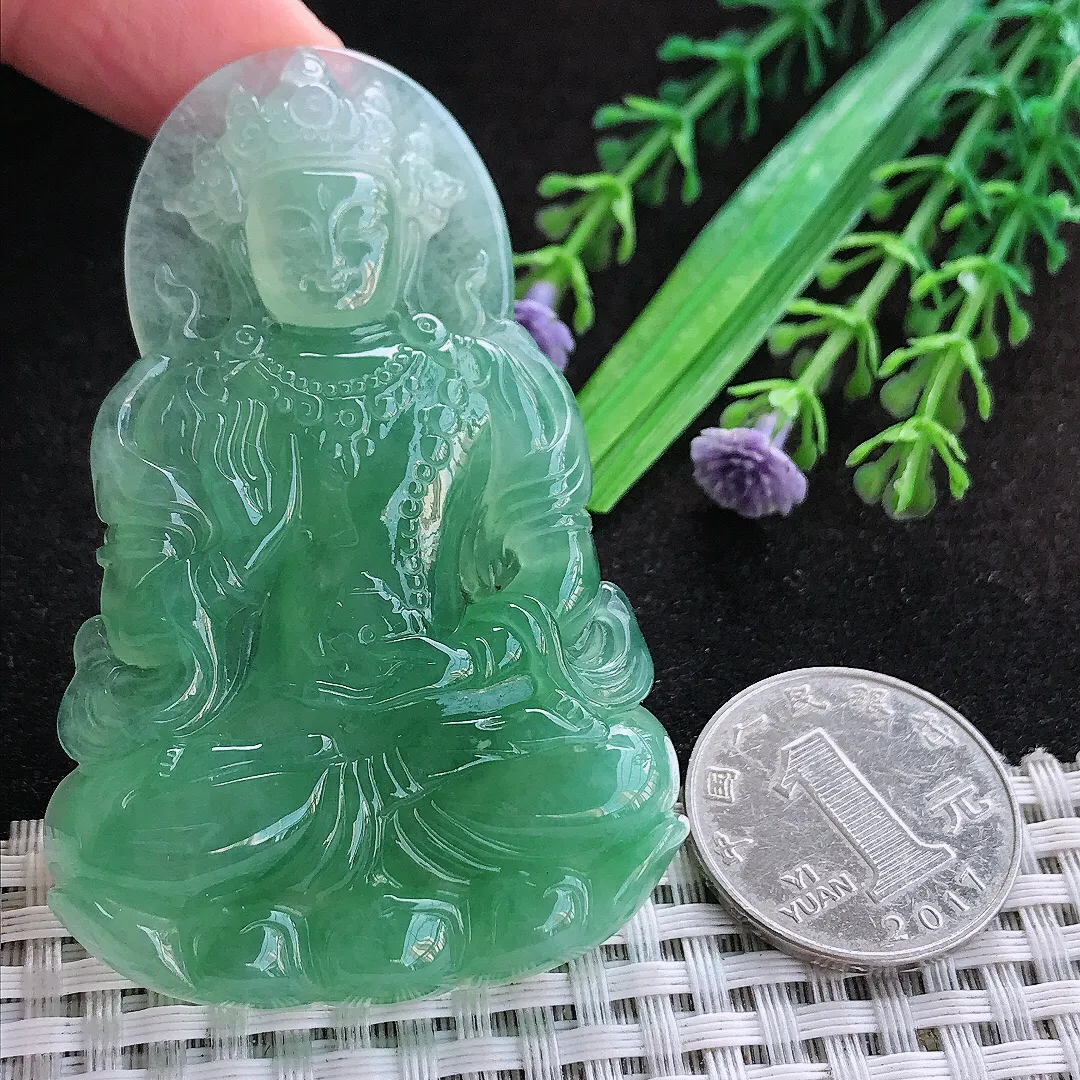 自然光68.5/44/7.3老坑冰润起胶满绿甜绿渡母菩萨挂件翡翠玉吊坠百搭