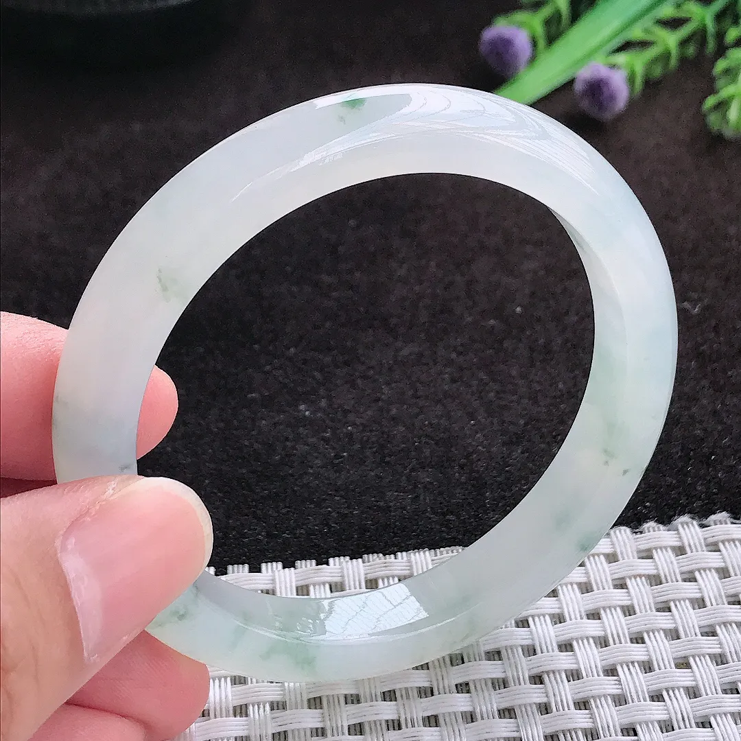自然光52.8/9.4/7.6老坑冰透果冻胶冰飘花手镯宽边翡翠玉镯子美人镯手环