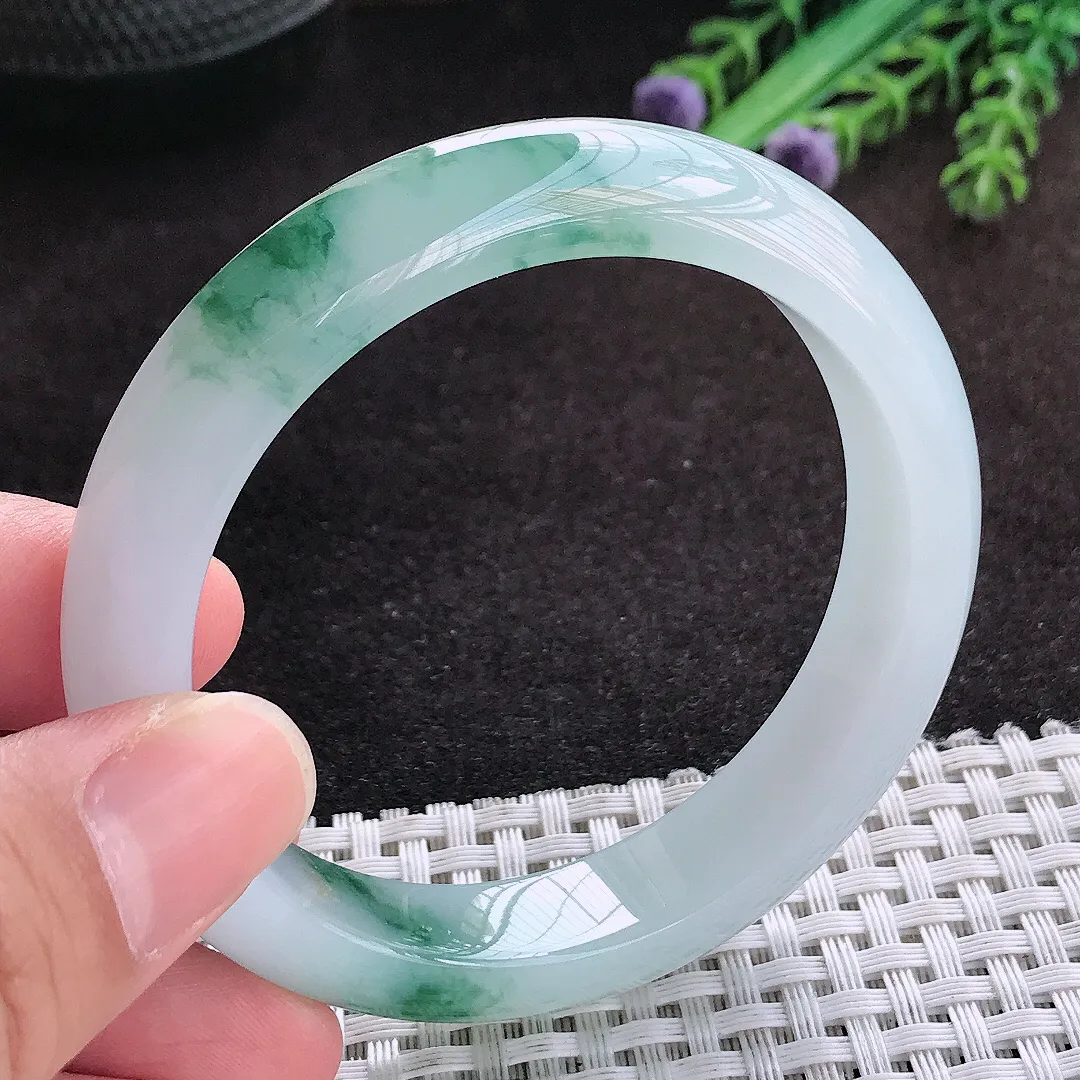 自然光54.5/12.2/8.3老坑冰胶果冻飘花手镯翡翠玉镯子宽边美人镯手环