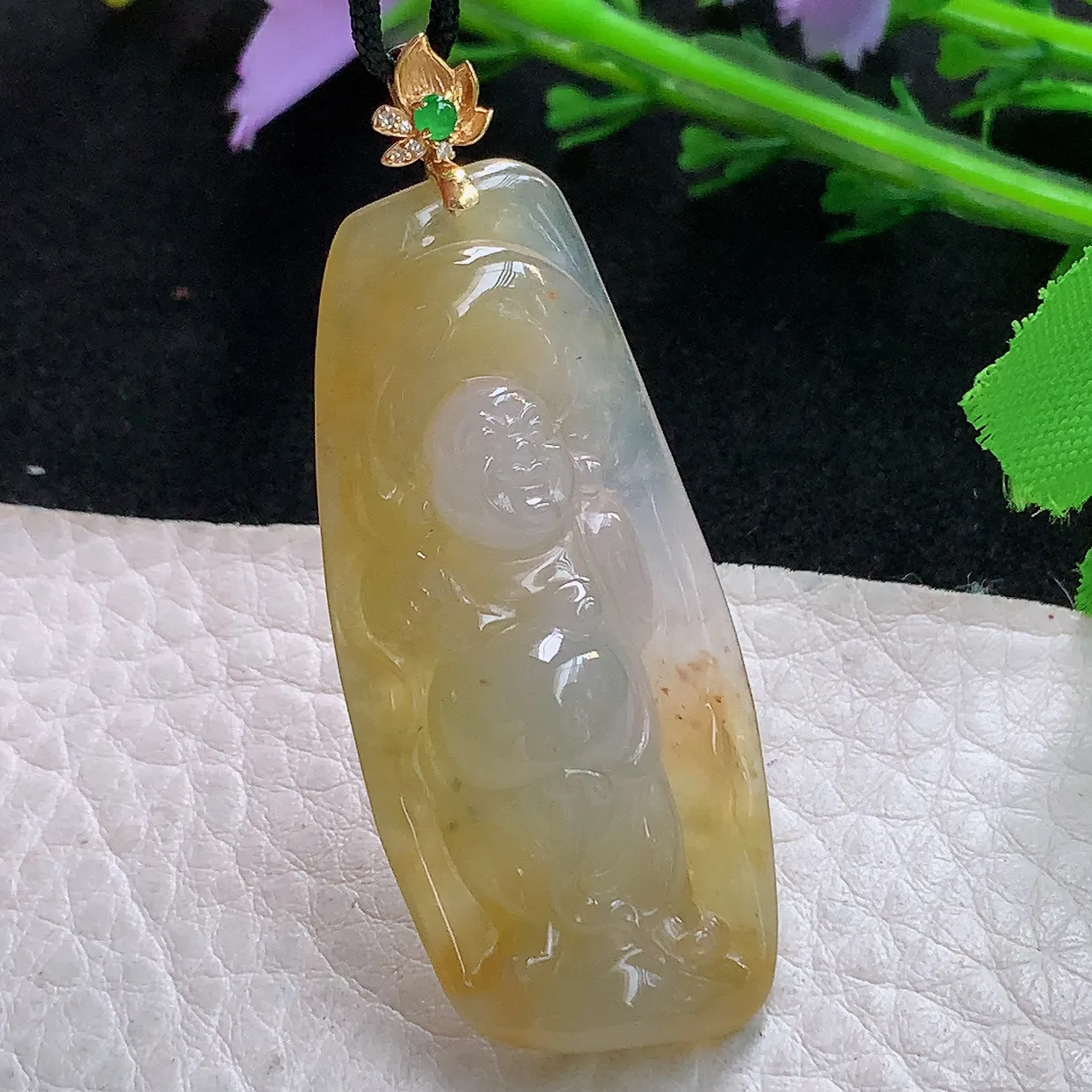 yl实拍48.5*22.5*8.8老坑天然翡翠冰黄站佛 开心佛玉挂件 玉吊坠