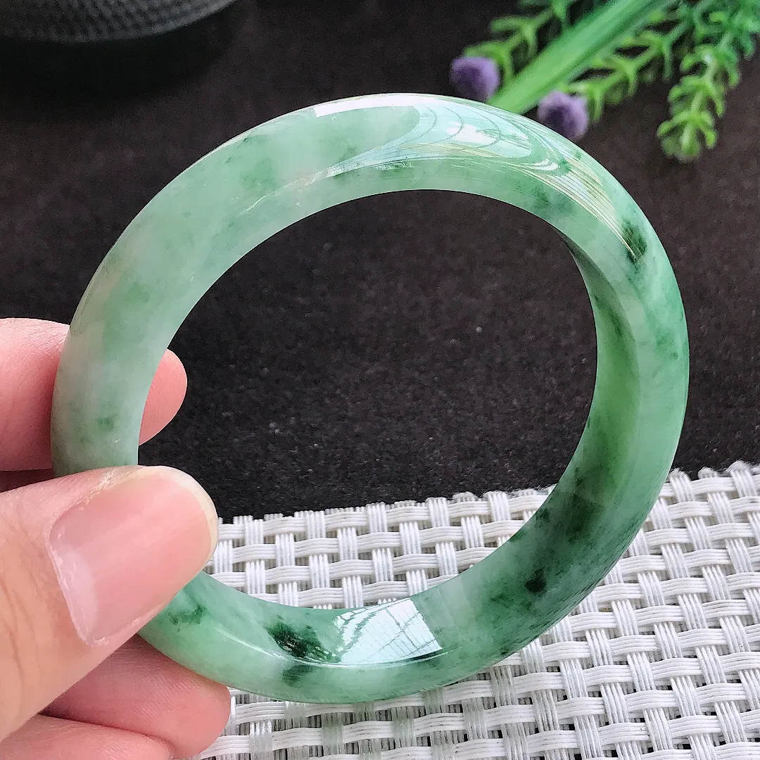 自然光55/12.5/8.3老坑温润飘花宽边手镯翡翠玉镯子美人镯手环