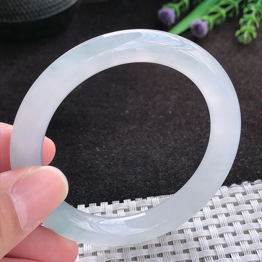 自然光53/9.2/9老坑冰透果冻胶飘花圆条手镯翡翠玉镯子美人镯手环