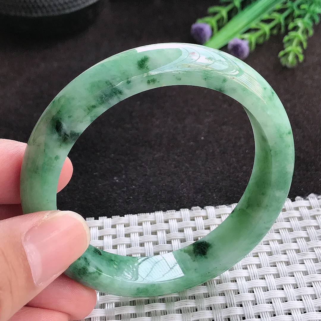 自然光55/12.5/8.3老坑温润飘花宽边手镯翡翠玉镯子美人镯手环