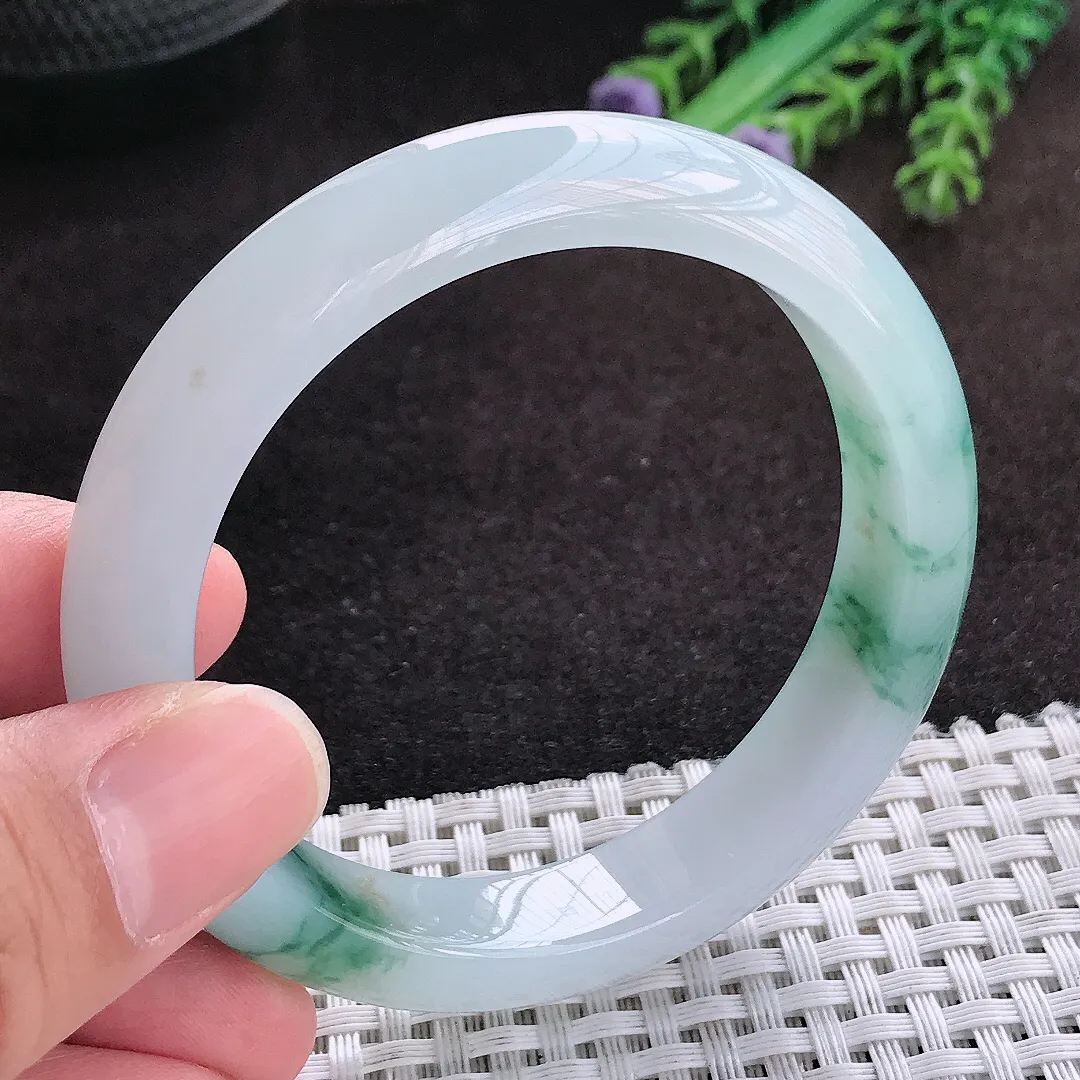 自然光54.5/12.2/8.3老坑冰胶果冻飘花手镯翡翠玉镯子宽边美人镯手环