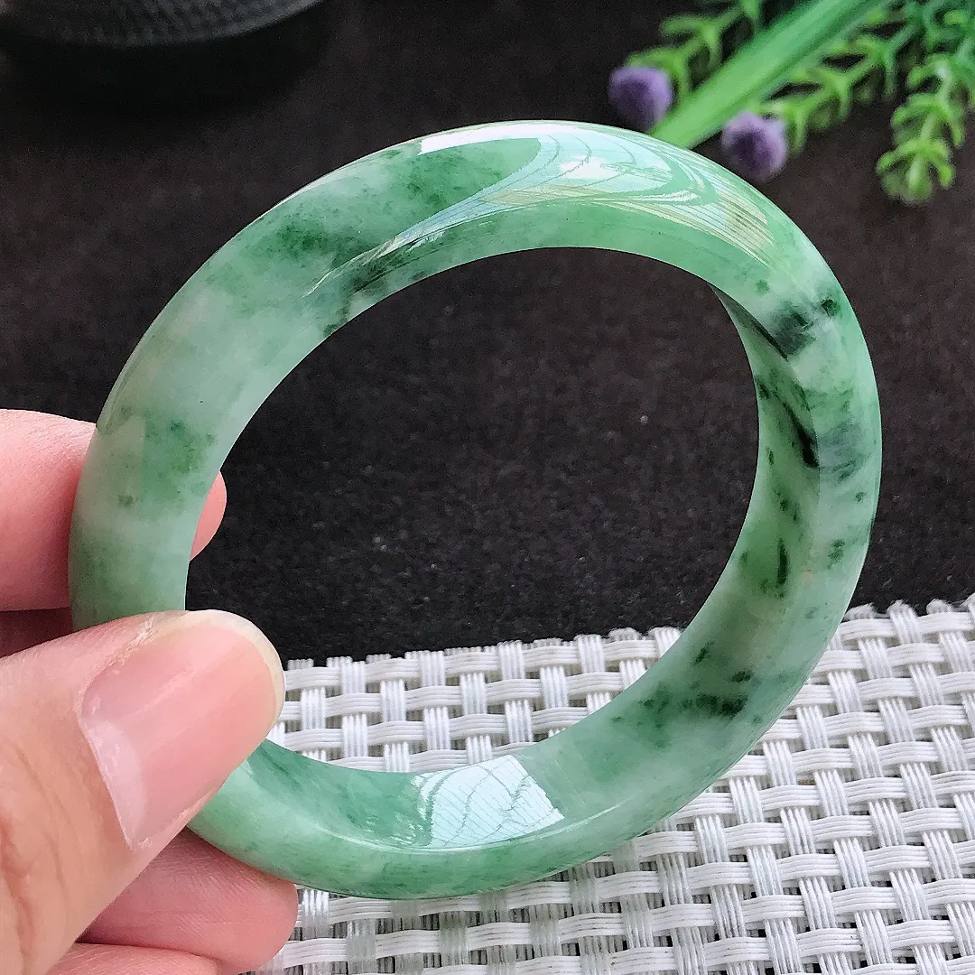 自然光55/12.5/8.3老坑温润飘花宽边手镯翡翠玉镯子美人镯手环