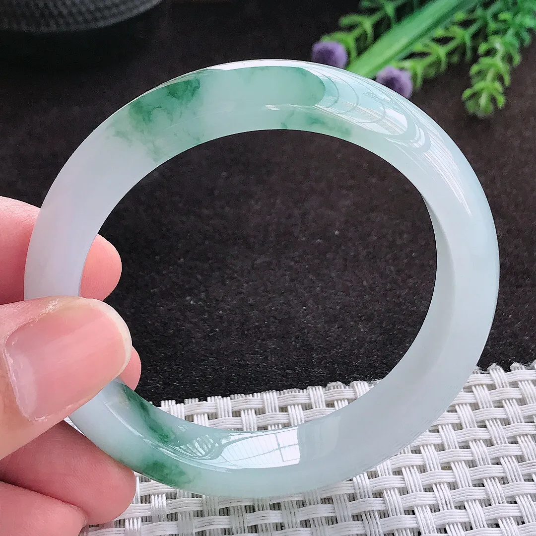 自然光54.5/12.2/8.3老坑冰胶果冻飘花手镯翡翠玉镯子宽边美人镯手环