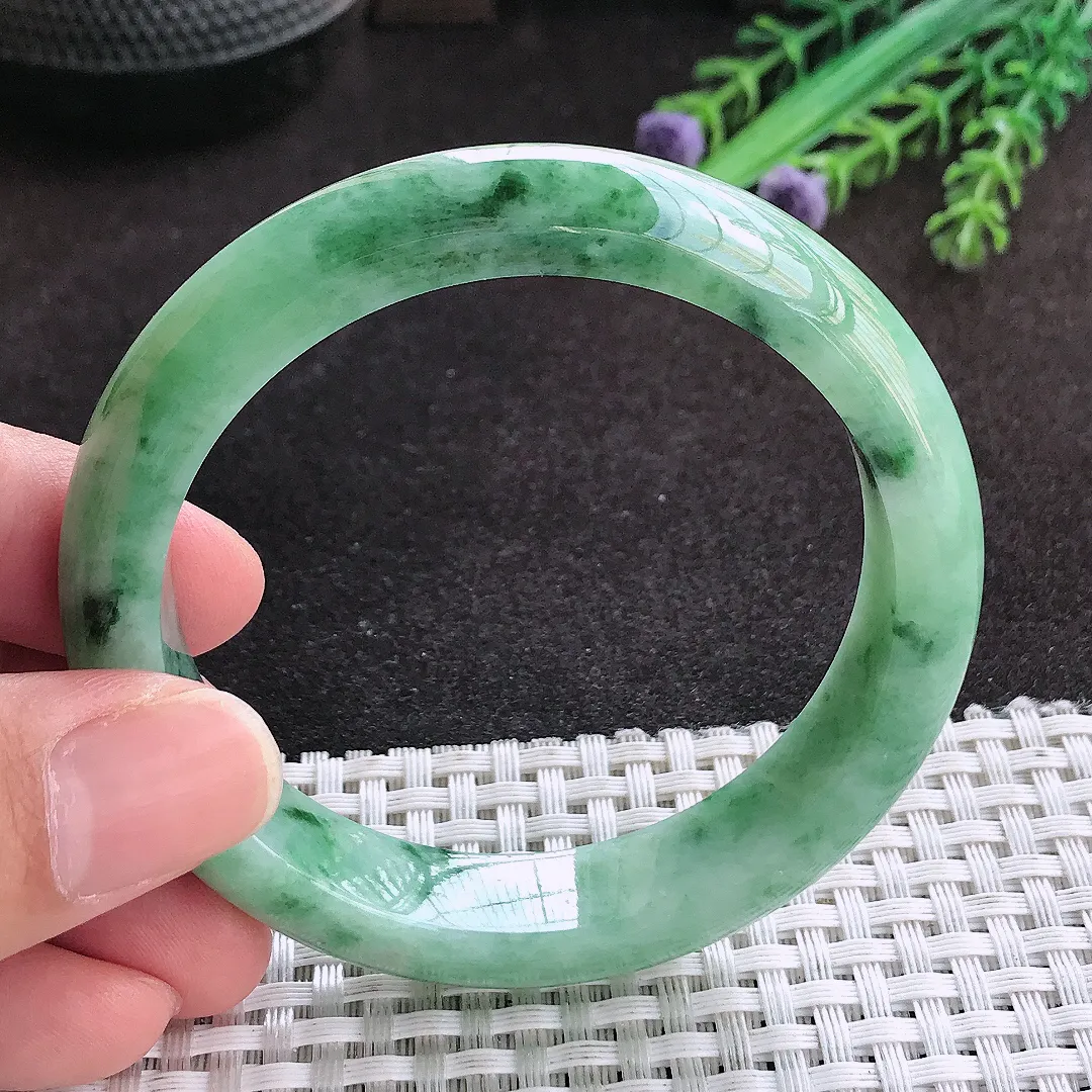 自然光55/12.5/8.3老坑温润飘花宽边手镯翡翠玉镯子美人镯手环
