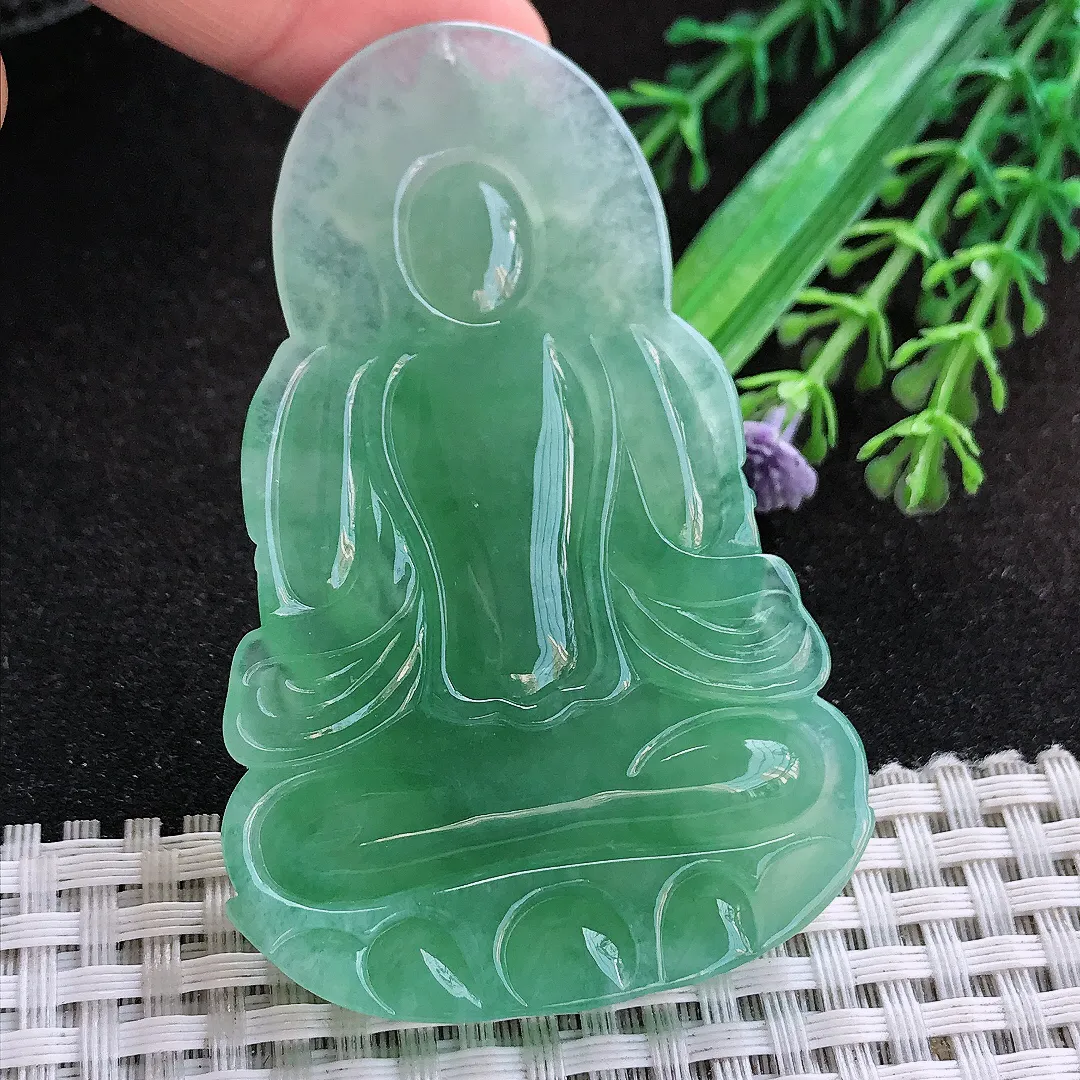 自然光68.5/44/7.3老坑冰润起胶满绿甜绿渡母菩萨挂件翡翠玉吊坠百搭