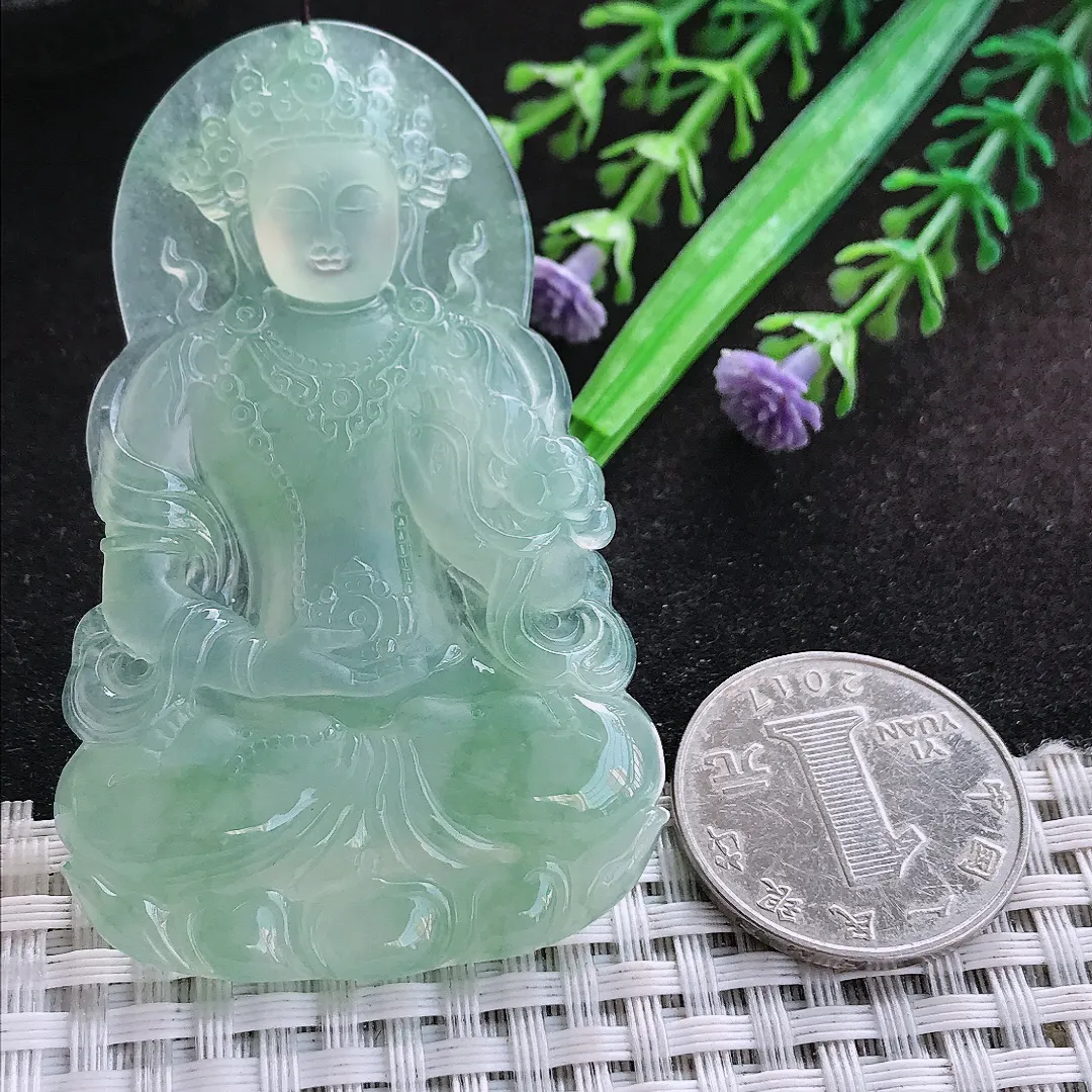 自然光65.8/41.5/5.8老坑冰种果冻紧冰晴满甜绿渡母菩萨挂件翡翠玉吊坠百搭