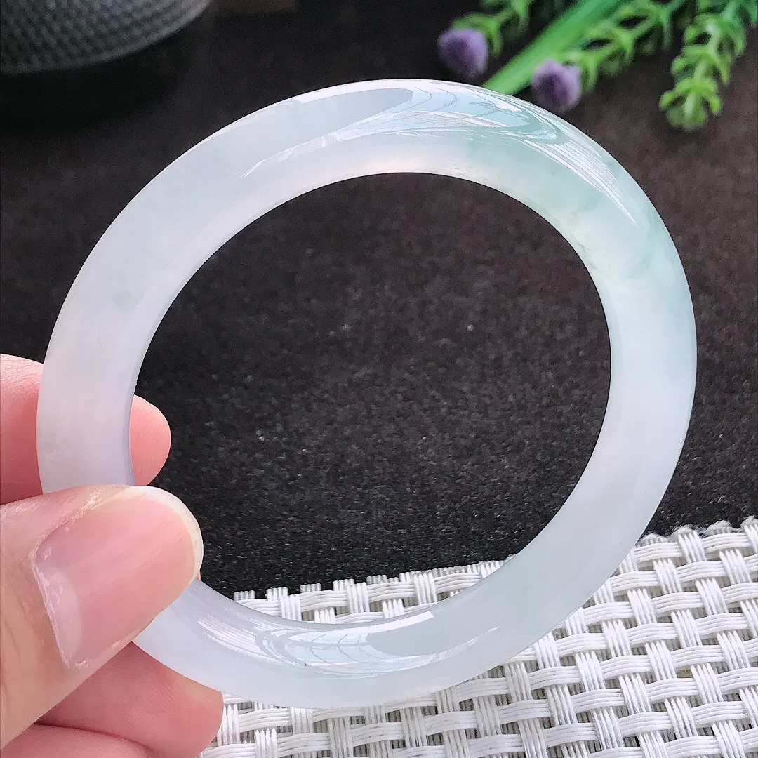 自然光53/9.2/9老坑冰透果冻胶飘花圆条手镯翡翠玉镯子美人镯手环