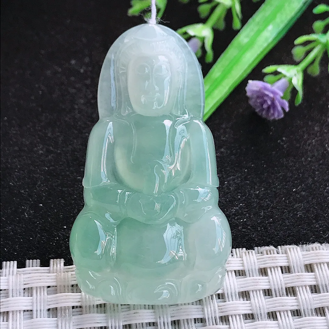 自然光49/28/5.9老坑冰种果冻胶冰晴绿观音挂件翡翠玉吊坠百搭