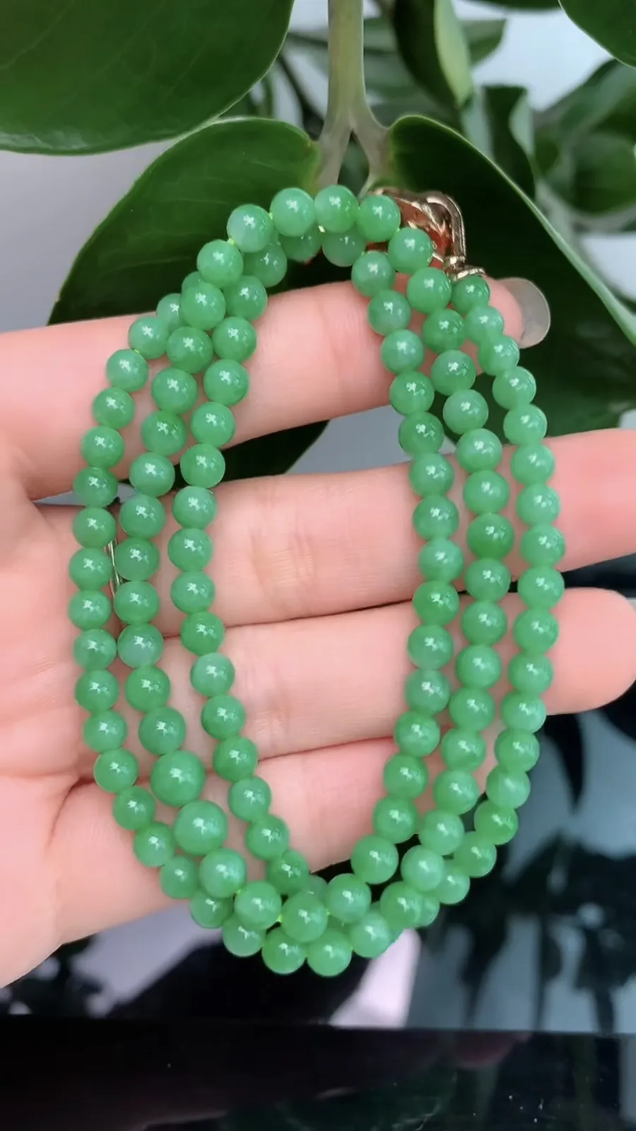 天然A货翡翠-冰糯种满绿胶感圆珠项链1008-281，尺寸取大5，重量24.00g