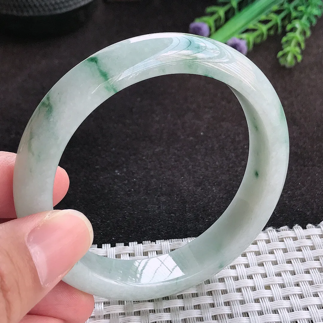 自然光57.8/13/8.3老坑精美温润飘花宽边手镯翡翠玉镯子美人镯手环