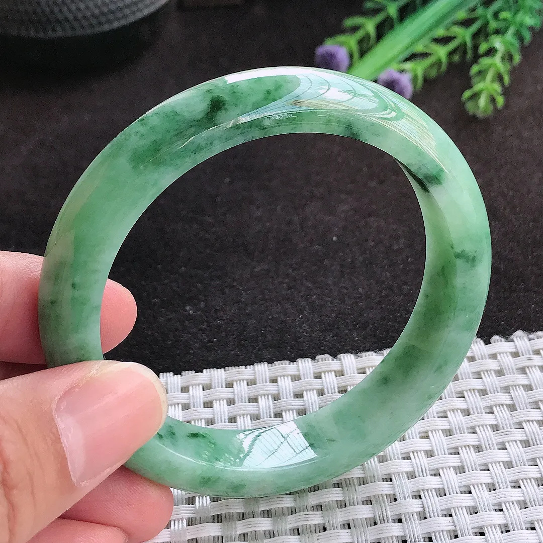 自然光55/12.5/8.3老坑温润飘花宽边手镯翡翠玉镯子美人镯手环
