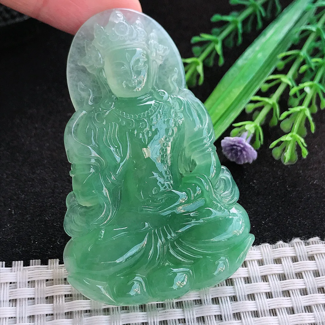 自然光68.5/44/7.3老坑冰润起胶满绿甜绿渡母菩萨挂件翡翠玉吊坠百搭
