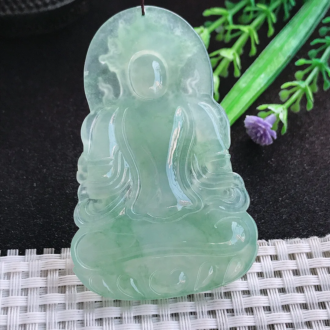 自然光65.8/41.5/5.8老坑冰种果冻紧冰晴满甜绿渡母菩萨挂件翡翠玉吊坠百搭