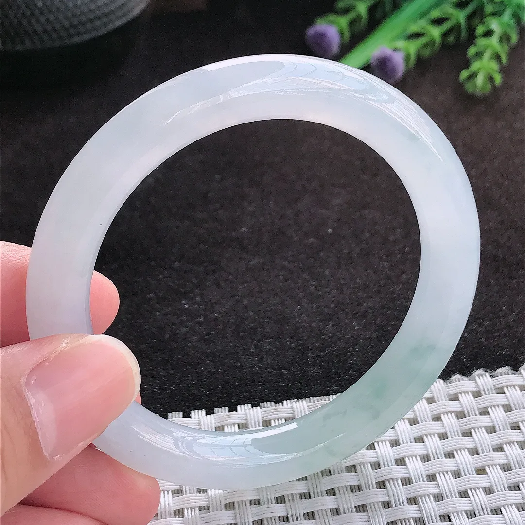 自然光53/9.2/9老坑冰透果冻胶飘花圆条手镯翡翠玉镯子美人镯手环