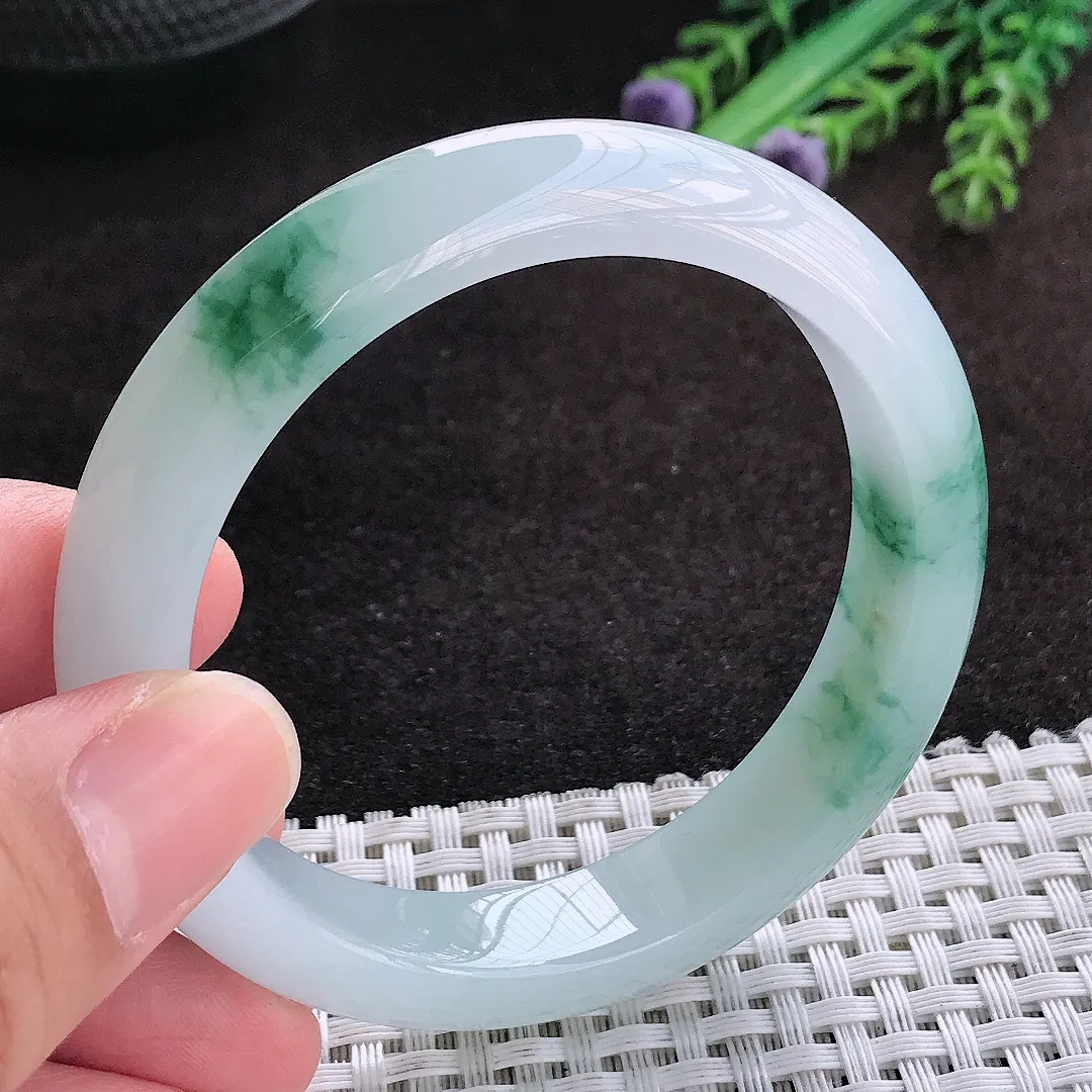 自然光54.5/12.2/8.3老坑冰胶果冻飘花手镯翡翠玉镯子宽边美人镯手环