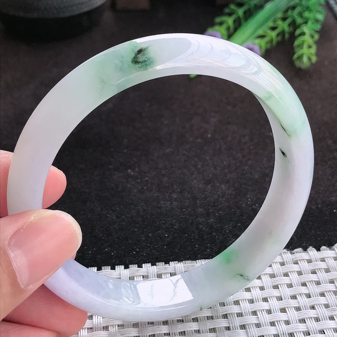 自然光63.5/13.5/7:8老坑冰润水灵飘花大圈口手镯翡翠玉镯子美人镯手环