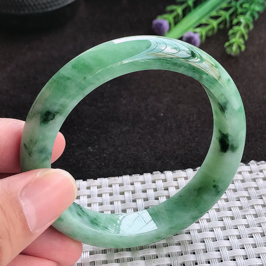 自然光55/12.5/8.3老坑温润飘花宽边手镯翡翠玉镯子美人镯手环