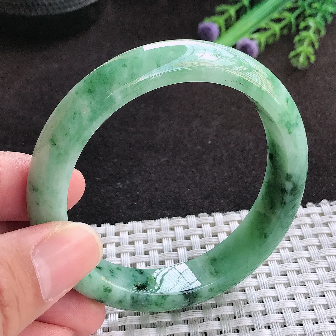 自然光55/12.5/8.3老坑温润飘花宽边手镯翡翠玉镯子美人镯手环