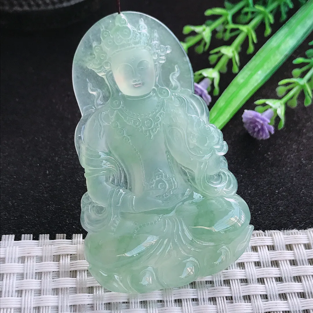 自然光65.8/41.5/5.8老坑冰种果冻紧冰晴满甜绿渡母菩萨挂件翡翠玉吊坠百搭