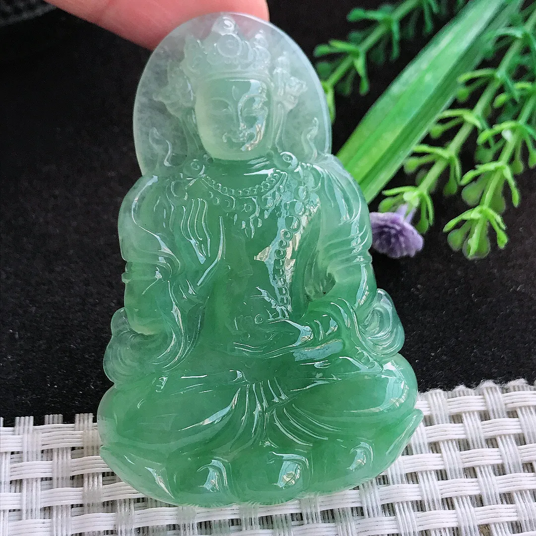自然光68.5/44/7.3老坑冰润起胶满绿甜绿渡母菩萨挂件翡翠玉吊坠百搭