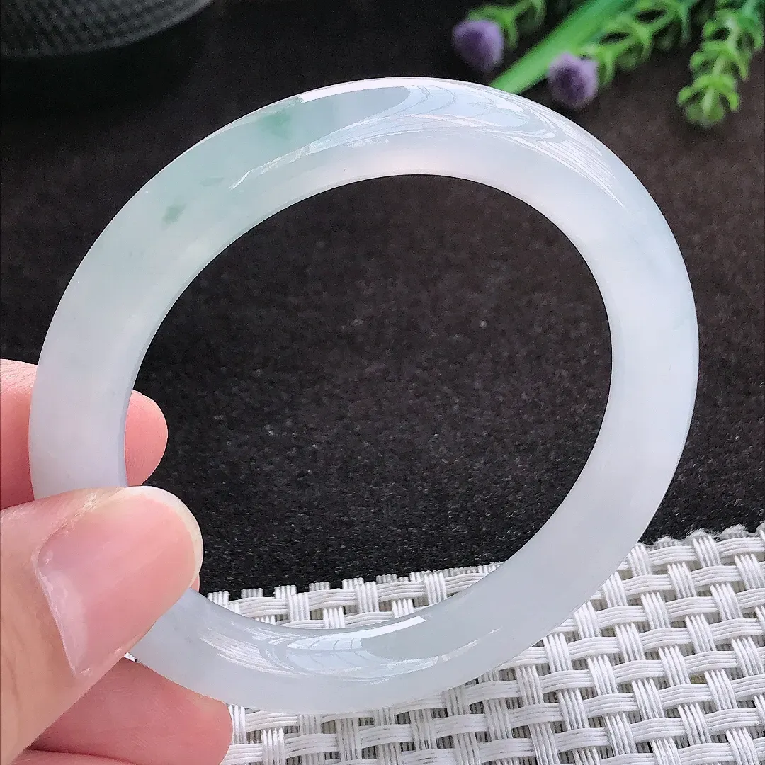 自然光53/9.2/9老坑冰透果冻胶飘花圆条手镯翡翠玉镯子美人镯手环