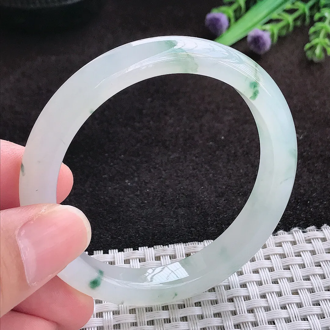 自然光52.8/9.4/7.6老坑冰透果冻胶冰飘花手镯宽边翡翠玉镯子美人镯手环