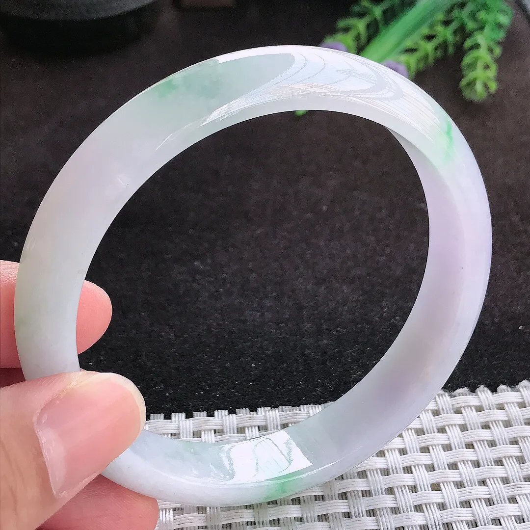 自然光63.5/13.5/7:8老坑冰润水灵飘花大圈口手镯翡翠玉镯子美人镯手环