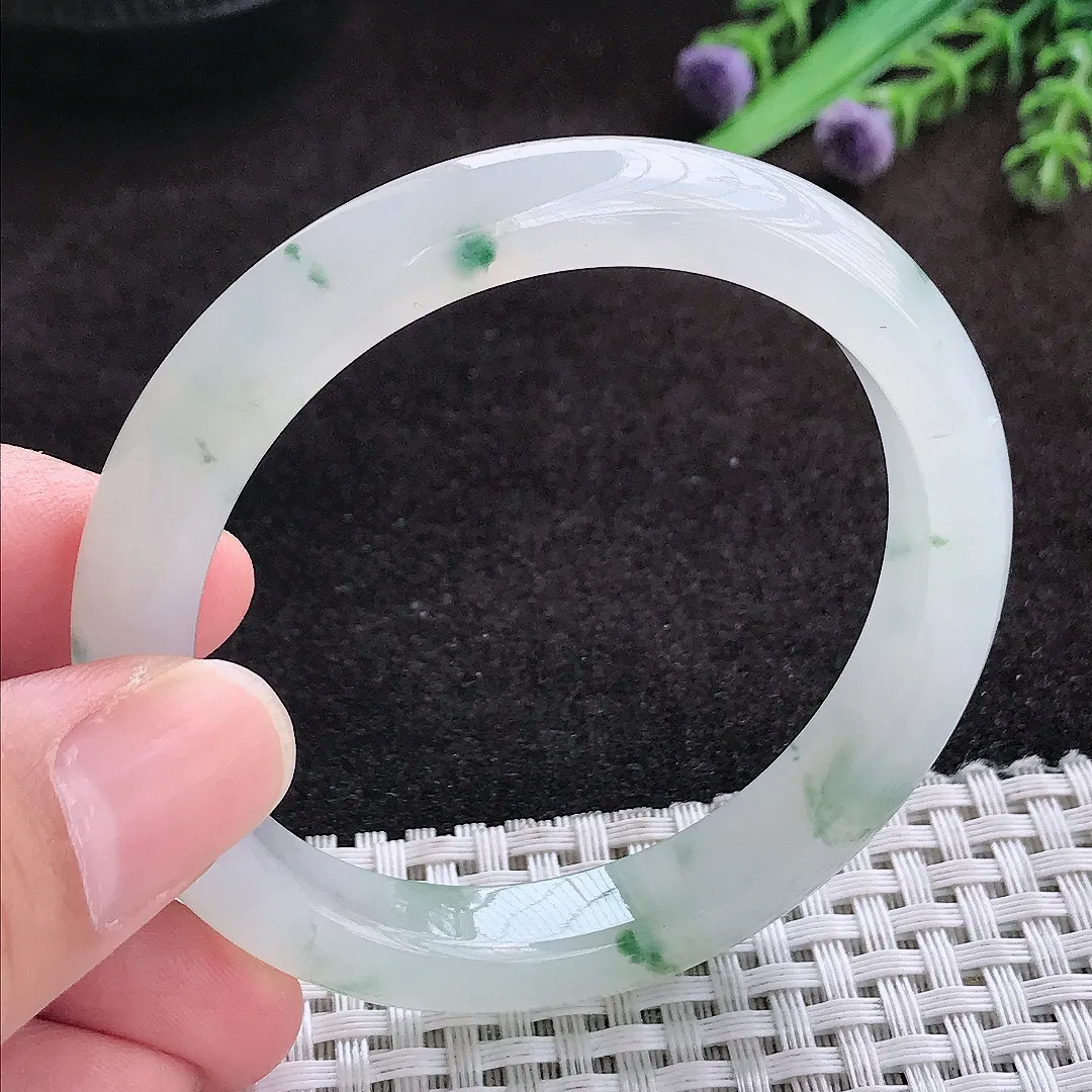 自然光52.8/9.4/7.6老坑冰透果冻胶冰飘花手镯宽边翡翠玉镯子美人镯手环