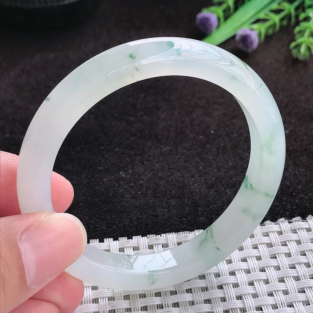 自然光52.8/9.4/7.6老坑冰透果冻胶冰飘花手镯宽边翡翠玉镯子美人镯手环