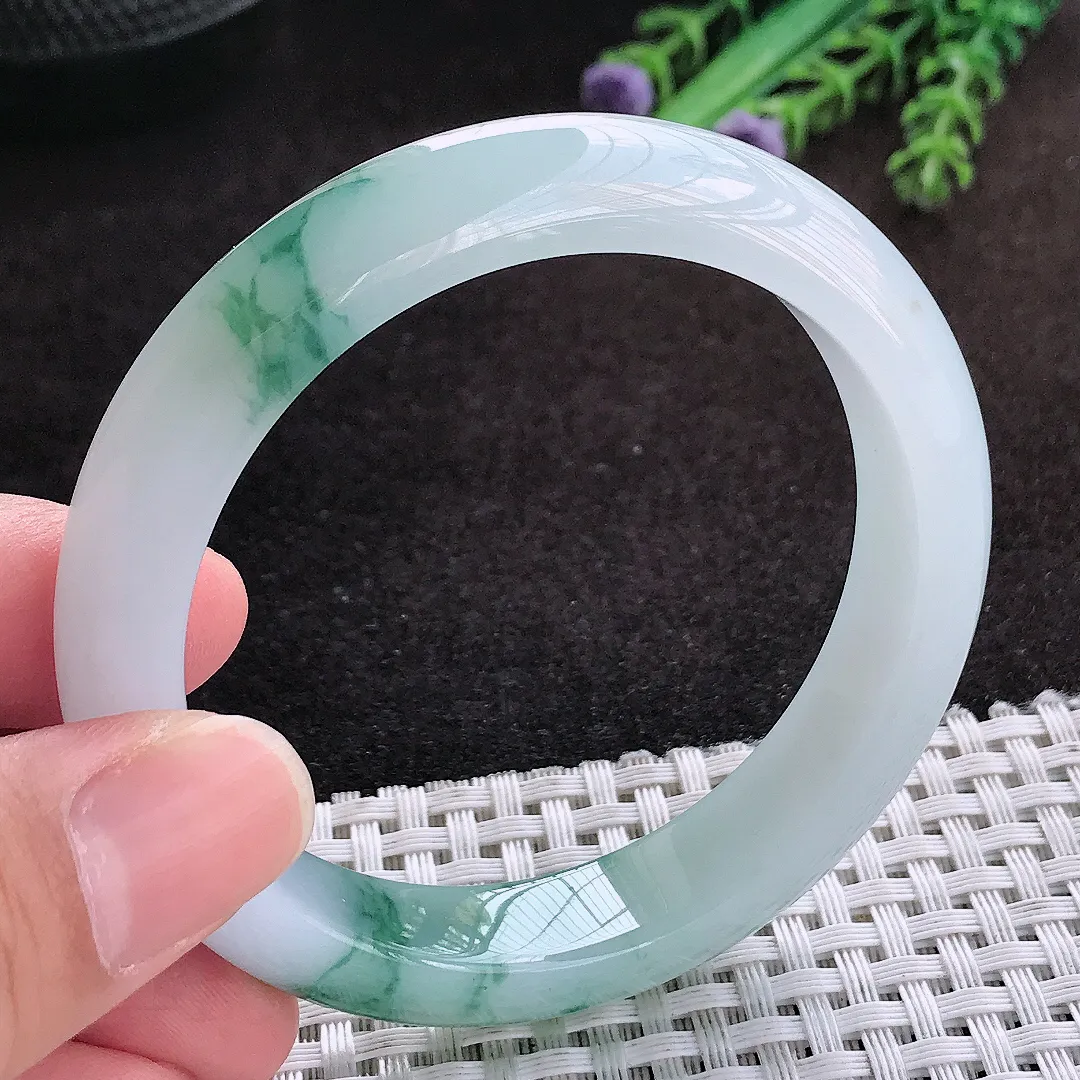 自然光54.5/12.2/8.3老坑冰胶果冻飘花手镯翡翠玉镯子宽边美人镯手环