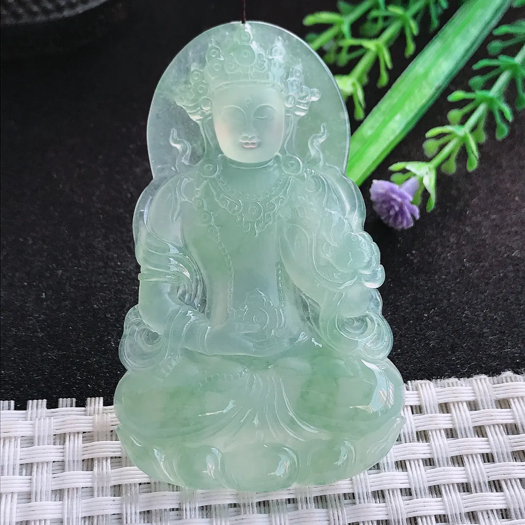自然光65.8/41.5/5.8老坑冰种果冻紧冰晴满甜绿渡母菩萨挂件翡翠玉吊坠百搭