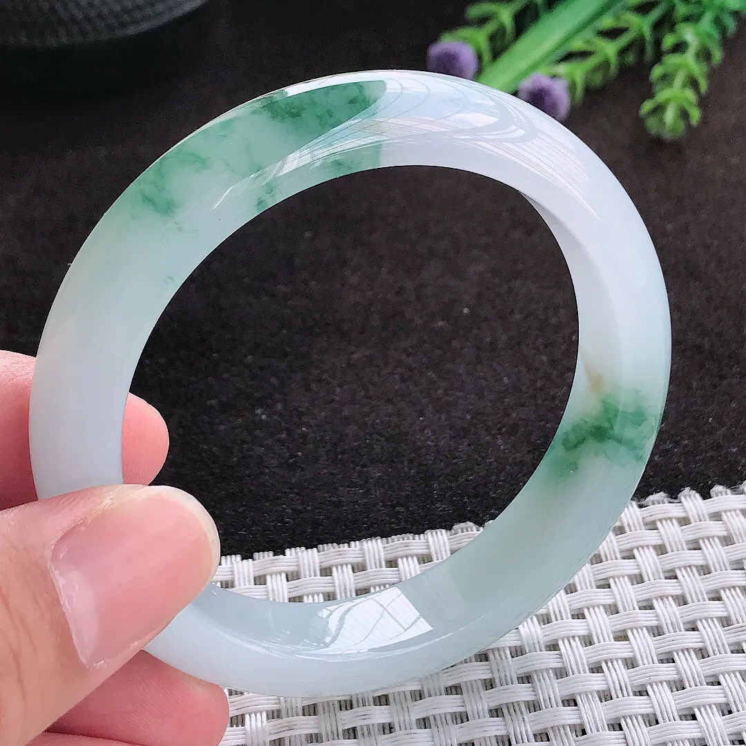 自然光54.5/12.2/8.3老坑冰胶果冻飘花手镯翡翠玉镯子宽边美人镯手环