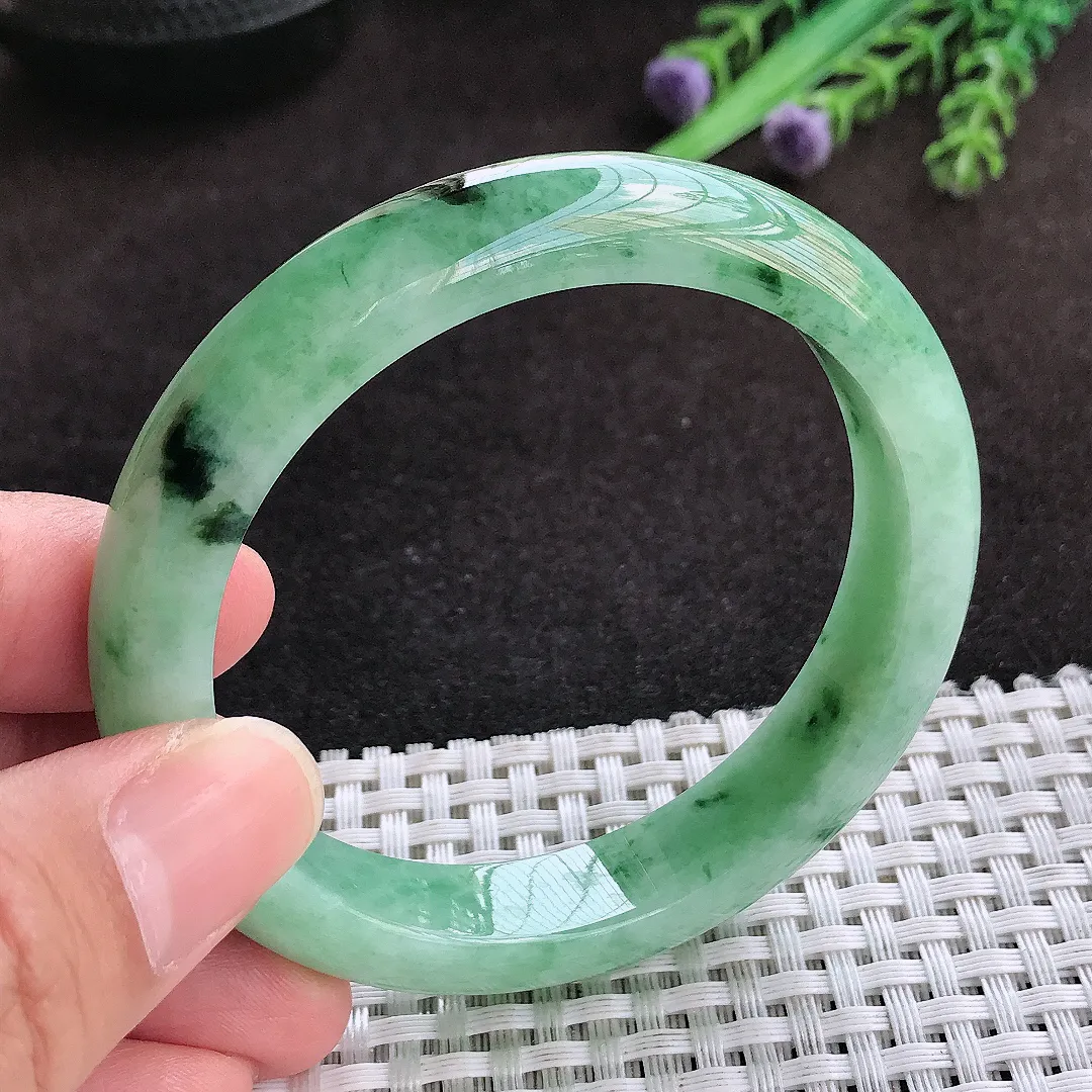 自然光55.5/11.4/8.3老坑精美温润飘花手镯翡翠玉镯子美人镯手环